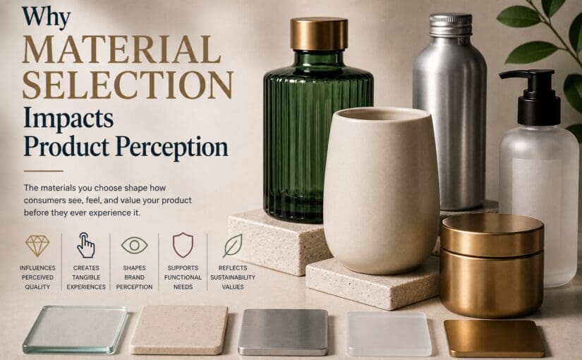 Luxury beauty and home products in glass bottles, ceramic vessels, and metal containers displaying material selection impact on brand perception, including glass screen printing options and decorative candle jars